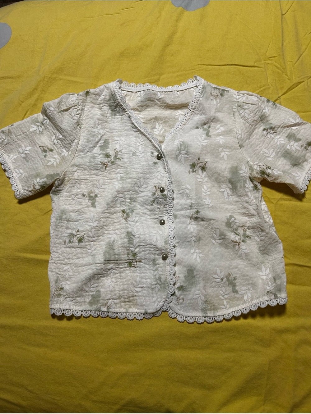 Cream Floral Button-Front Top with Lace Trim